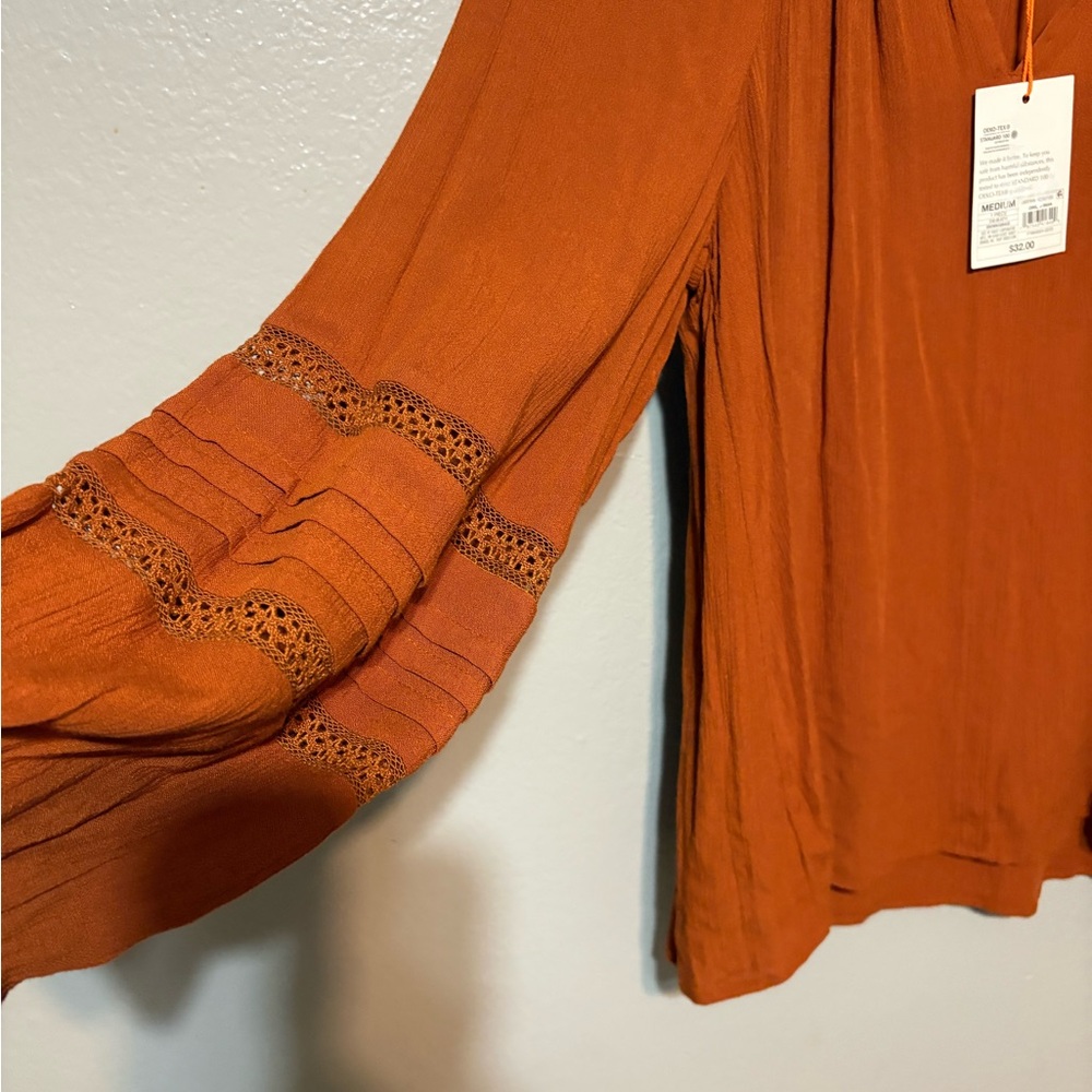 Knox Rose Rust Orange Long-Sleeve Peasant Blouse Size M NWT - Picture 7 of 12